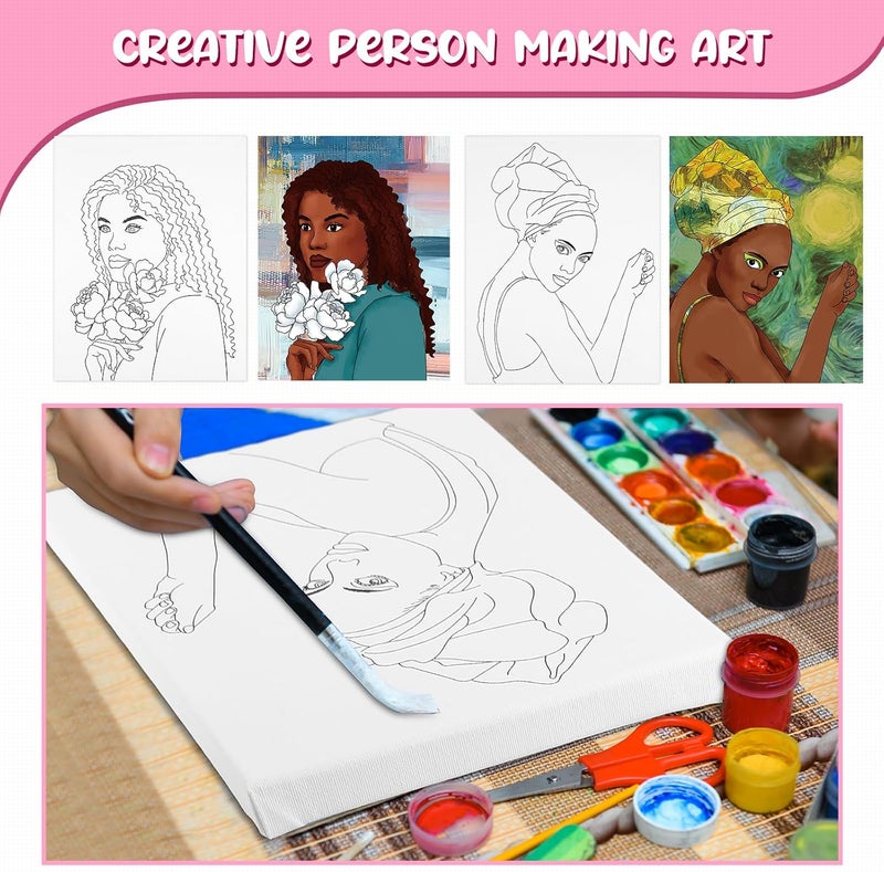 Sherr 20 Pcs Stretched Pre Drawn Canvas Afro Queen Black Art for Painting for Adults Outline Pre Drawn Stretched Cotton Canvas to Paint Party Set, 8 x 10''(Stylish) - Image 4